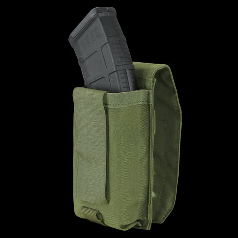 The Condor Universal Rifle Mag Pouch in Scorpion OCP securely holds a black rifle magazine, partially exposed for easy access—an essential accessory for military or law enforcement professionals.